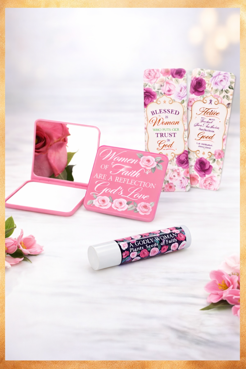 Christian gift set for women with compact mirror lip balm and floral bookmark with faith messages