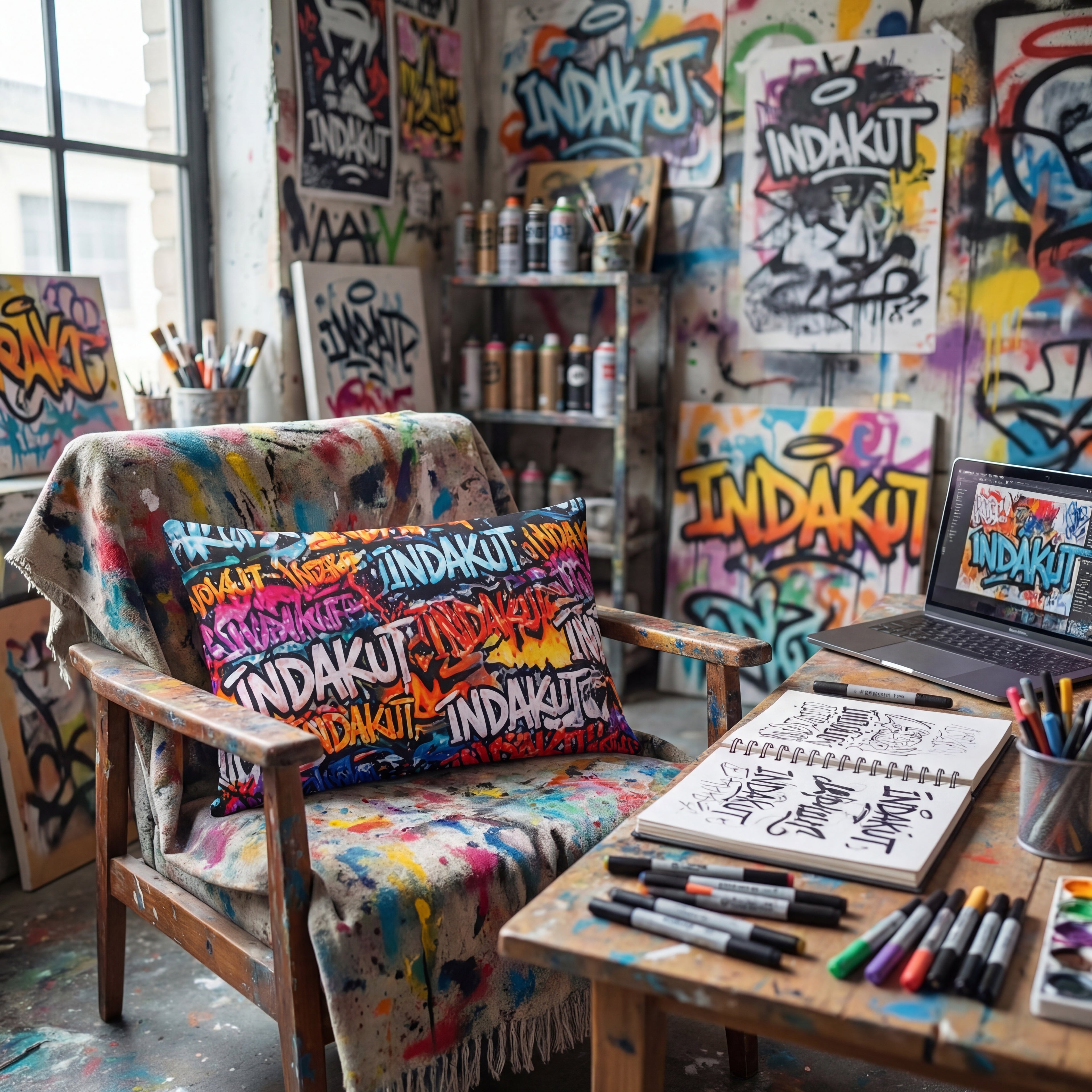 indakut graffiti print pillow in creative art studio surrounded by spray paint, sketches, and street art