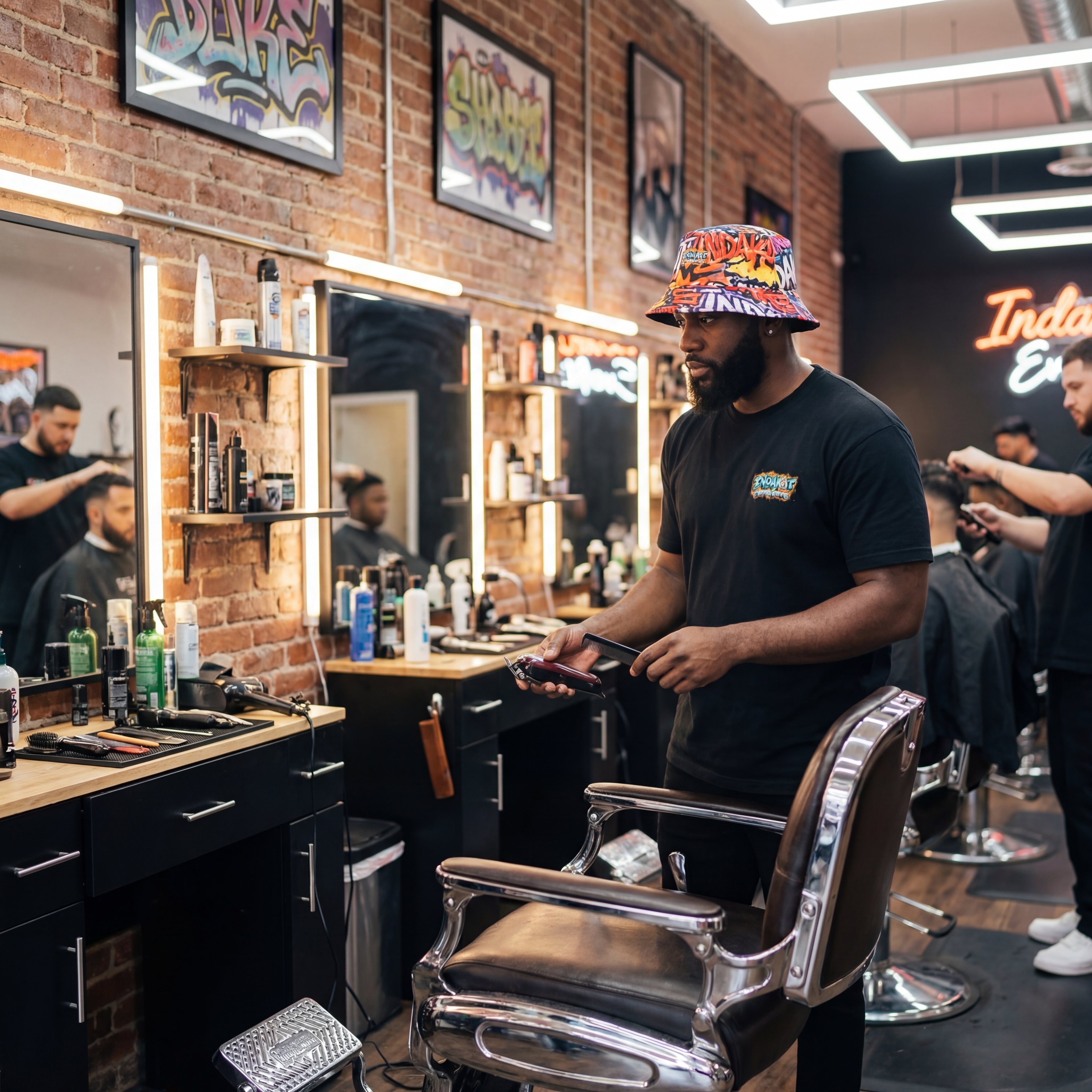 barber wearing graffiti print bucket hat inside barbershop with urban streetwear style and grooming setup