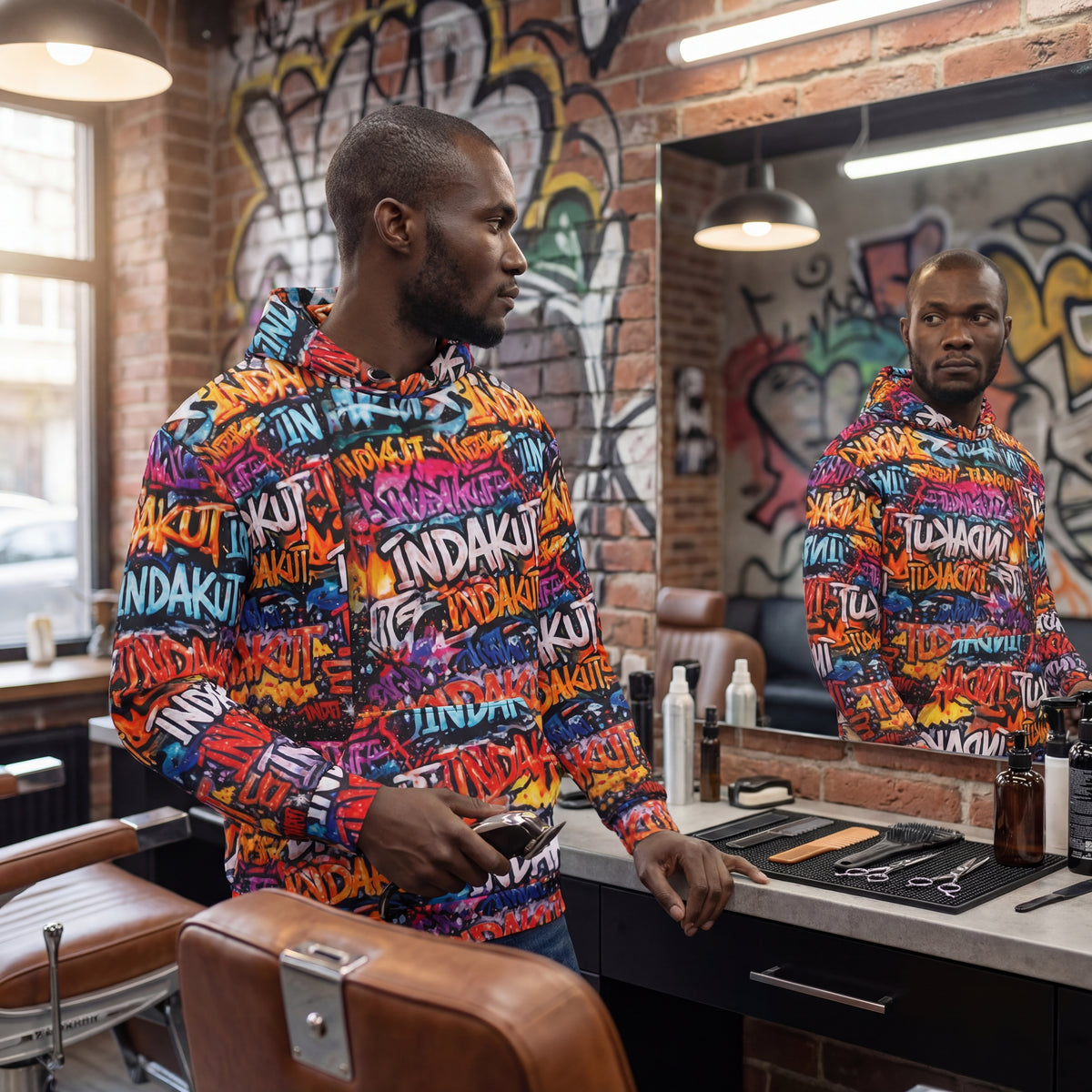 barber wearing graffiti print hoodie inside barbershop with grooming tools and urban interior