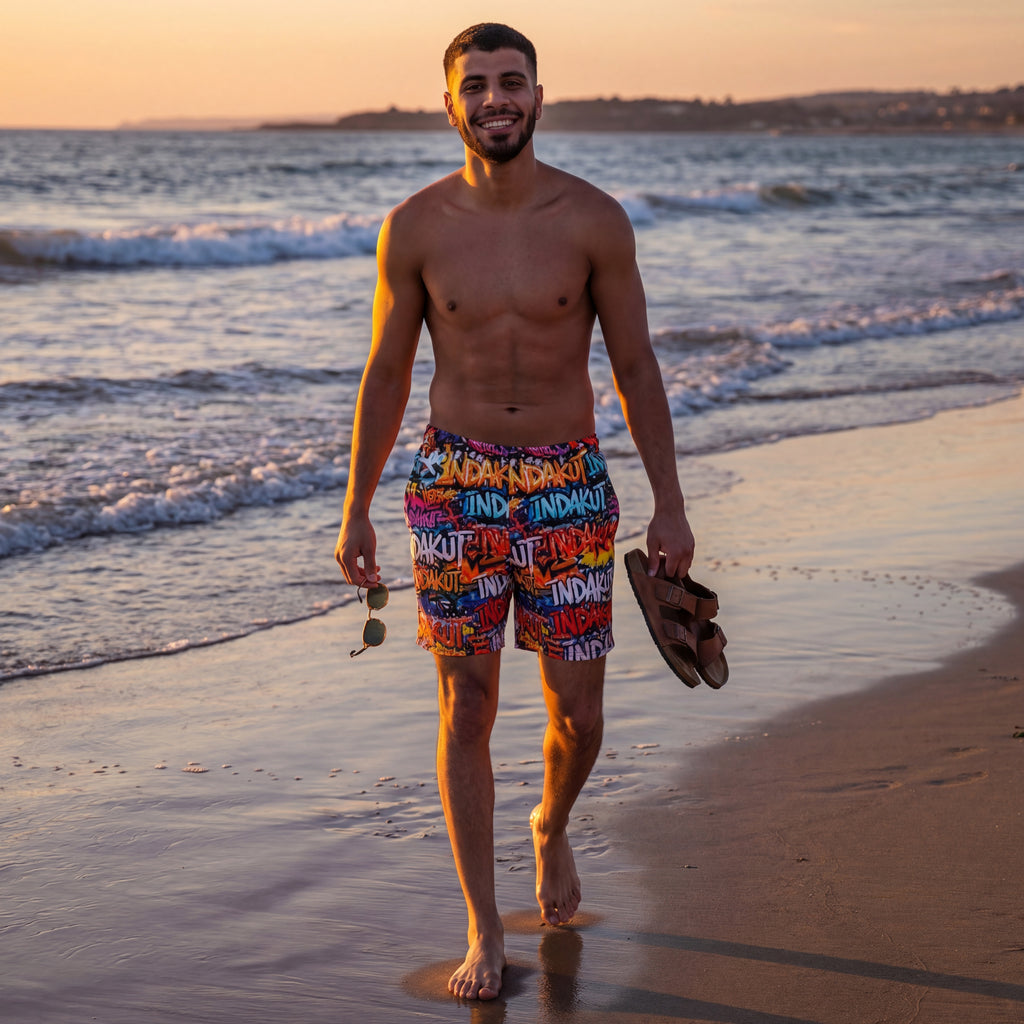Indakut Everywhere men’s swim trunks with colorful graffiti print worn on beach at sunset
