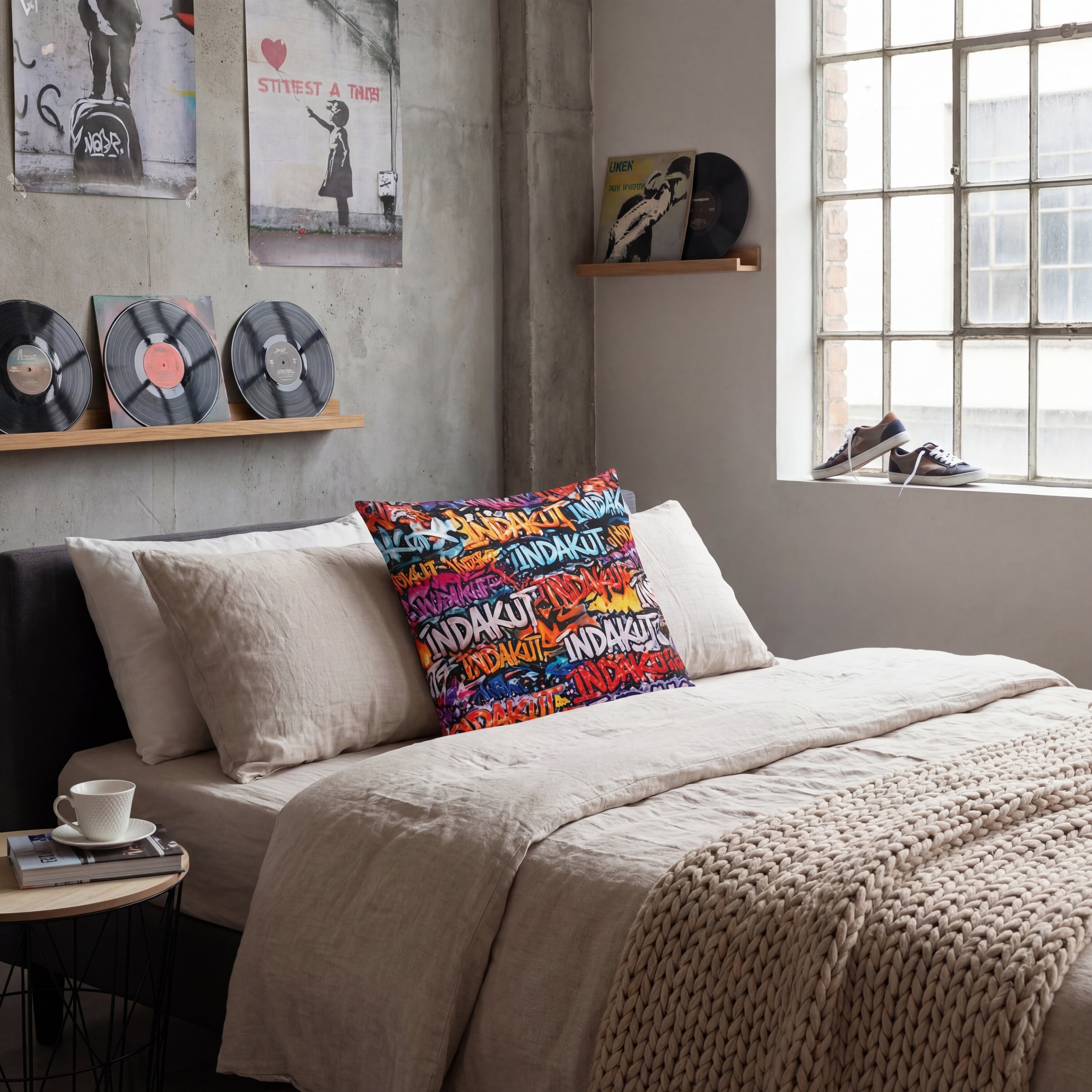 graffiti print throw pillow on bed in modern bedroom with minimalist decor and urban wall art