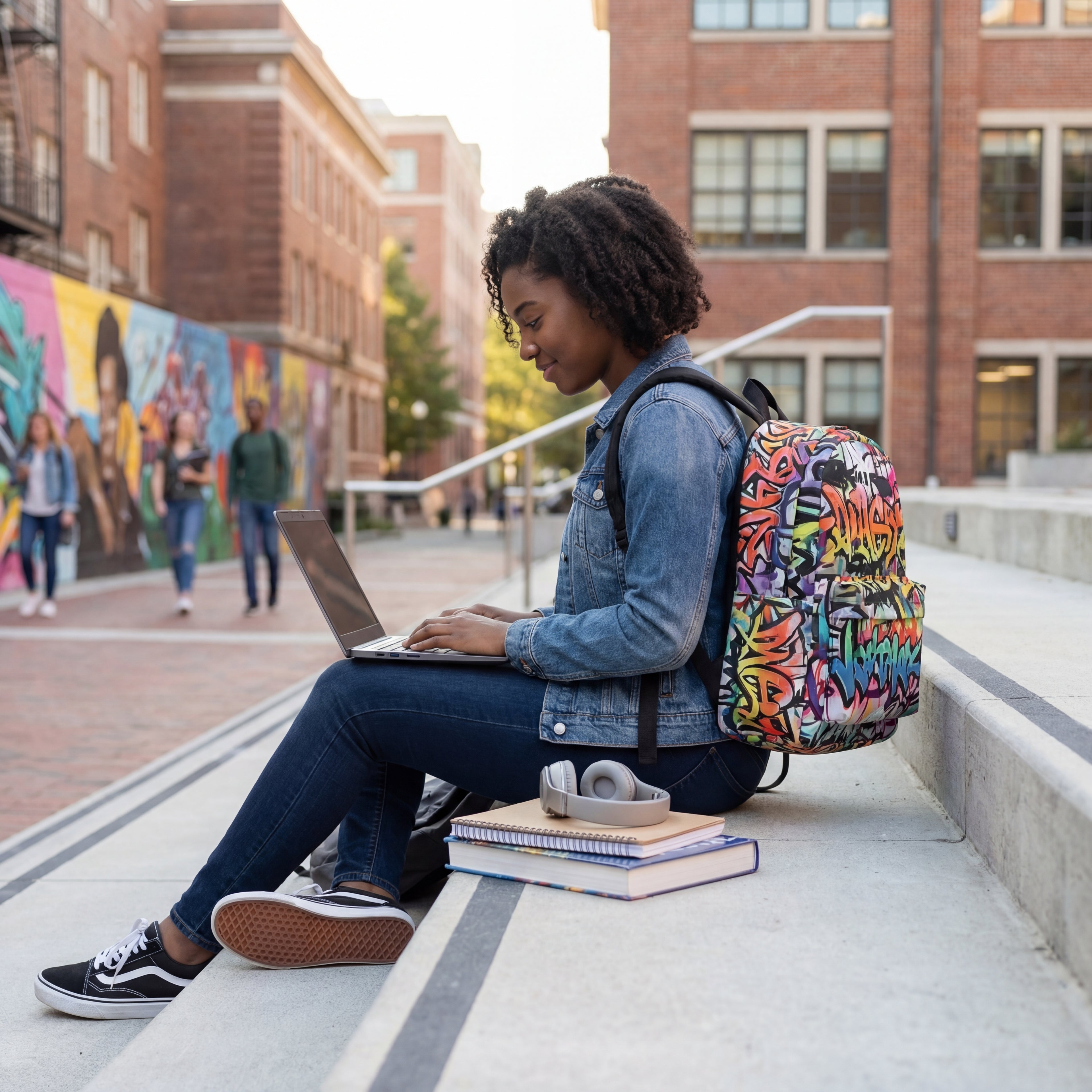 woman sitting outdoors with laptop wearing graffiti print backpack in urban campus environment