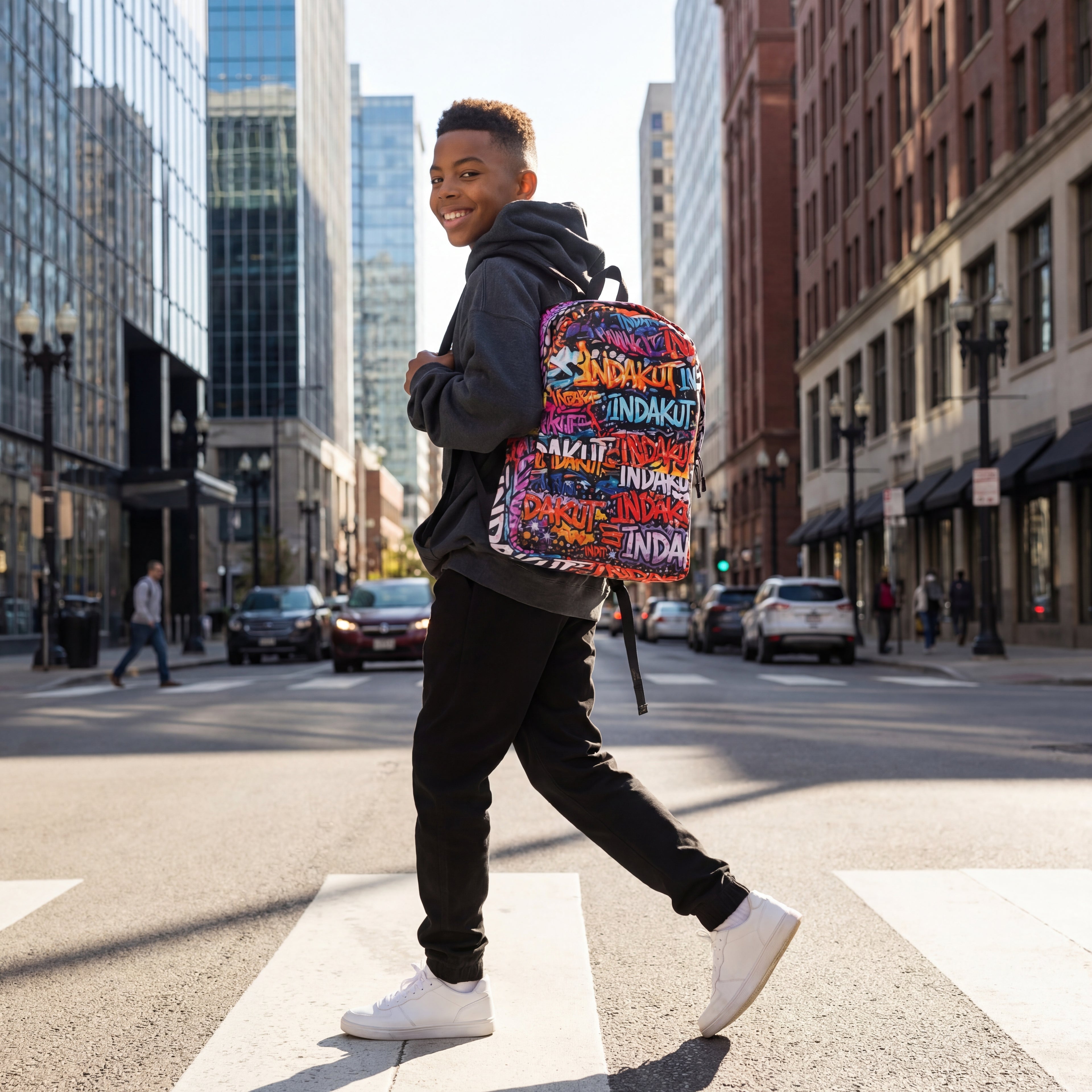 student wearing graffiti print backpack crossing city street with modern urban buildings in background