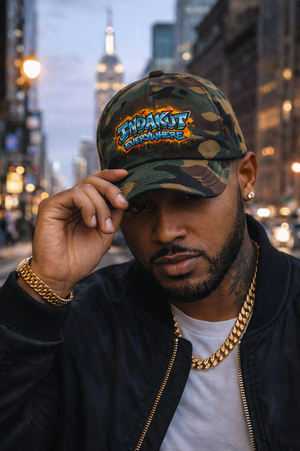 Indakut Everywhere camo dad hat with graffiti logo styled in urban streetwear setting