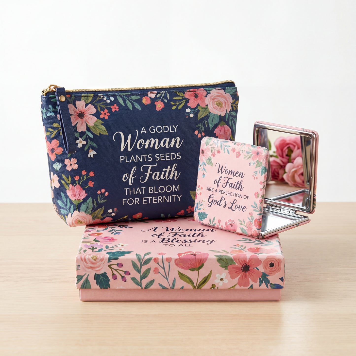 faith based floral pouch and compact mirror with inspirational message for women of faith
