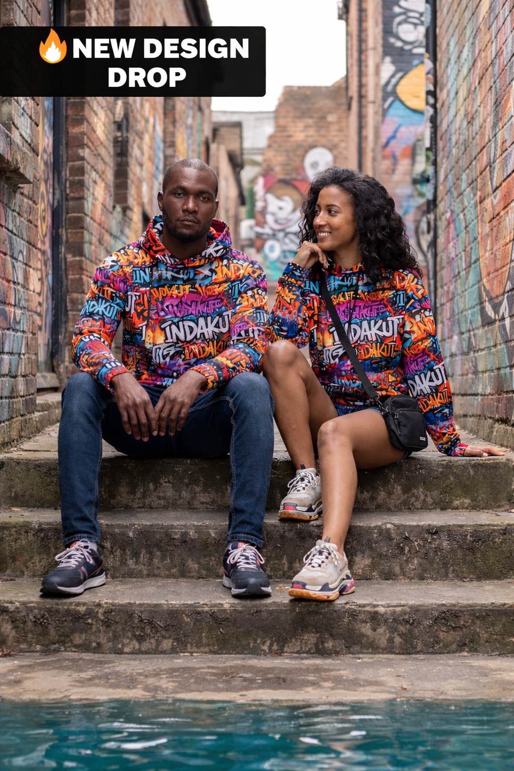 man and woman wearing graffiti print hoodies sitting in urban alley with colorful street art background