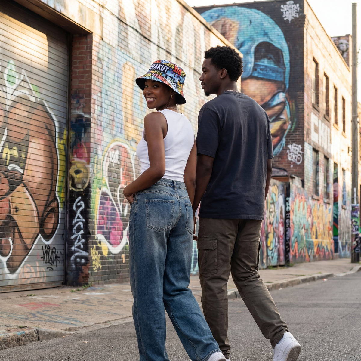 couple walking past graffiti wall with woman wearing graffiti print bucket hat in streetwear outfit