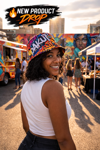 graffiti print reversible bucket hat worn at outdoor street market with colorful mural and urban lifestyle