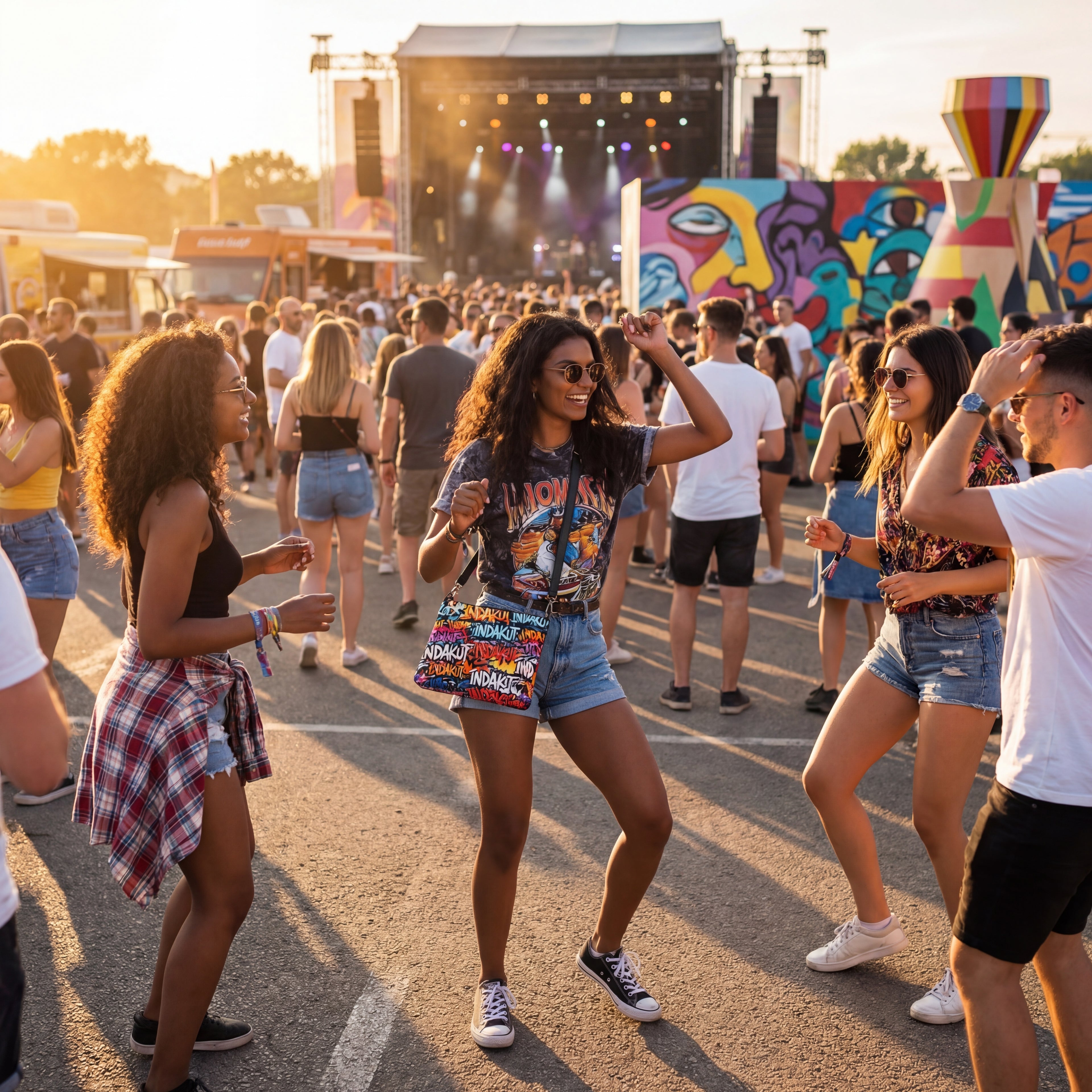 graffiti crossbody bag worn at outdoor music festival with crowd and streetwear fashion vibe