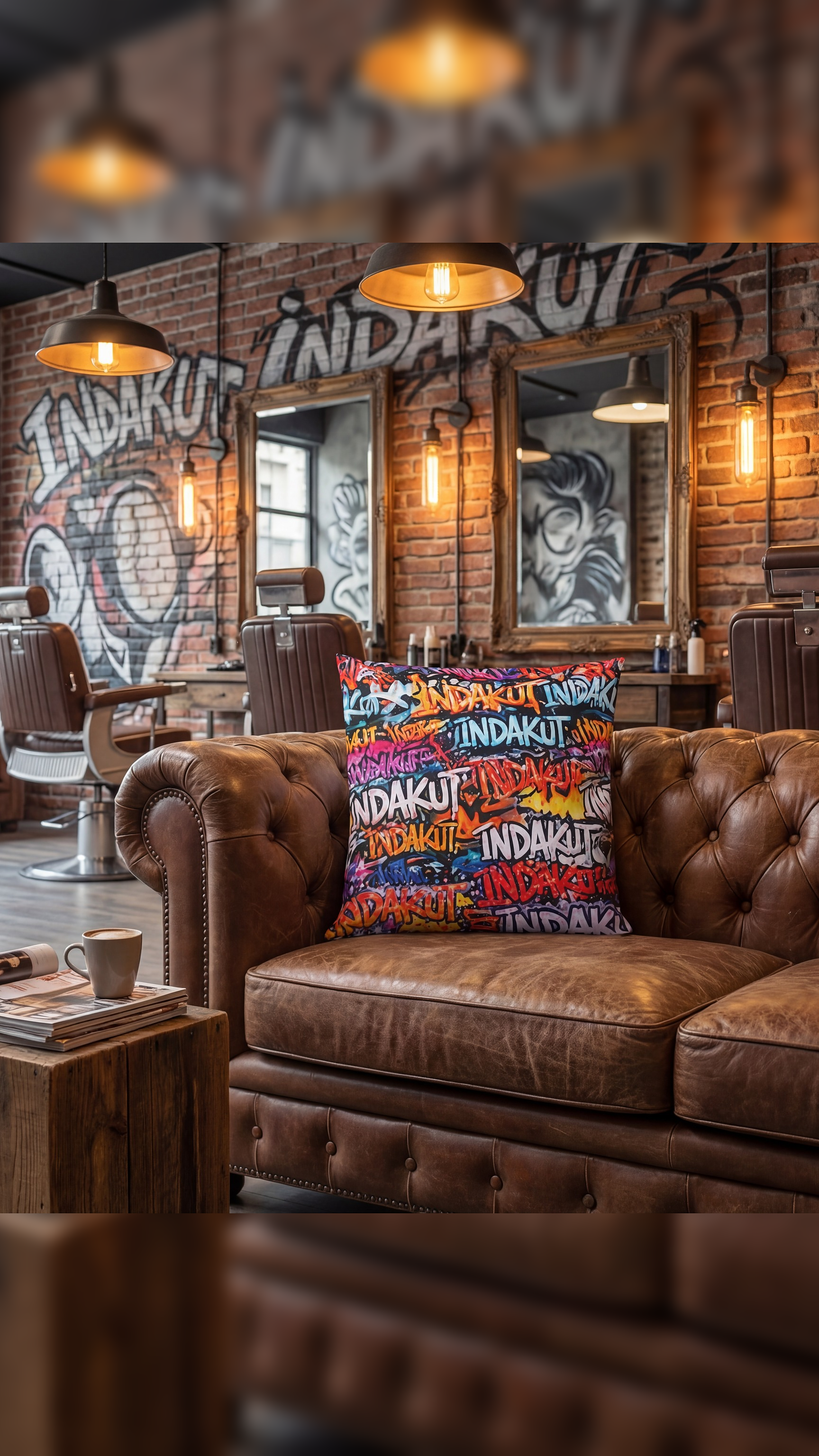 graffiti print throw pillow on brown leather couch in barbershop with indakut wall mural background
