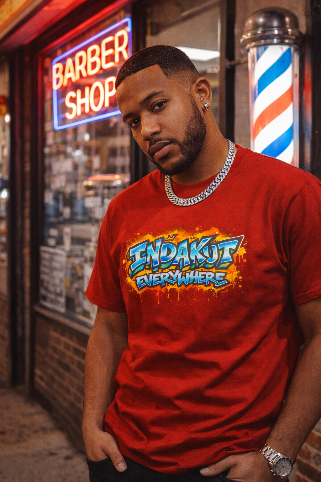 Indakut Everywhere classic t-shirt in red with graffiti logo design for streetwear apparel