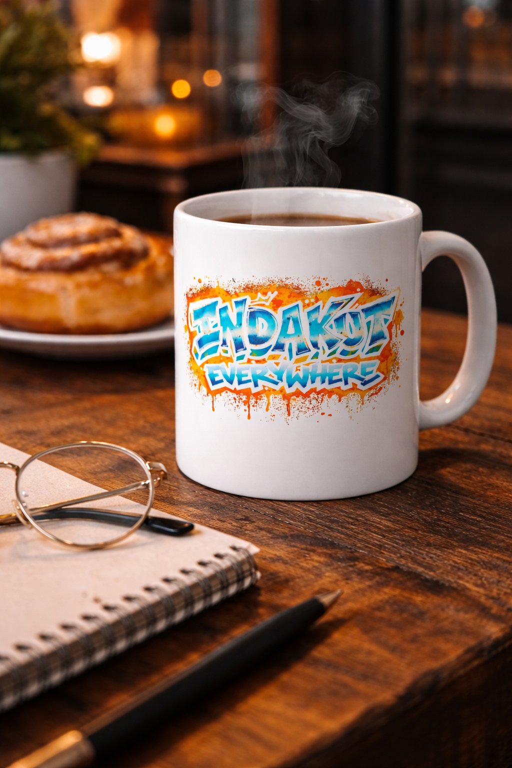 Indakut Everywhere coffee mug with graffiti logo design on desk with notebook in cozy lifestyle setting