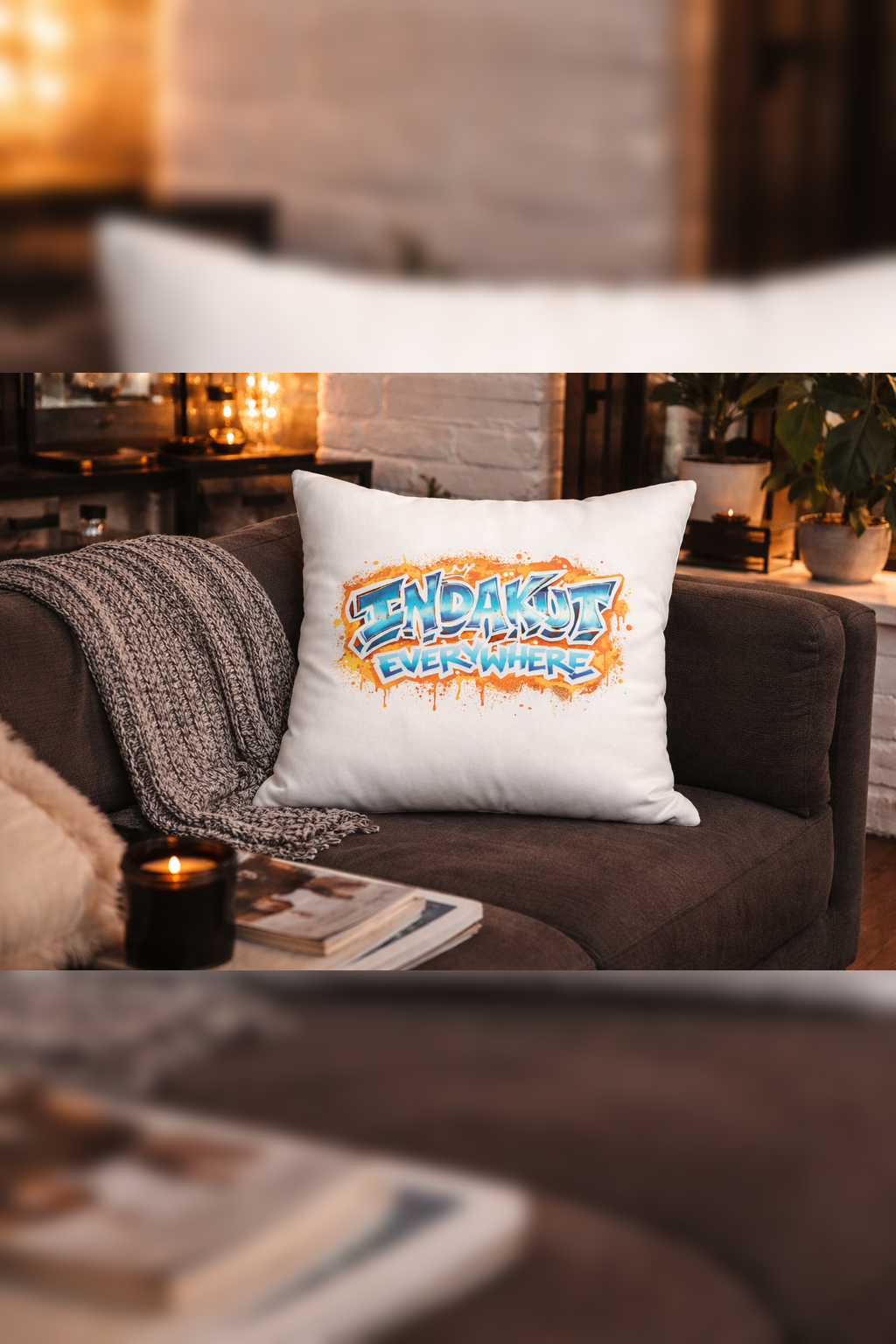 Indakut Everywhere decorative throw pillow featuring graffiti logo for streetwear inspired home decor