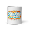 Indakut Everywhere graffiti logo coffee mug for streetwear lifestyle drinkware on desk with coffee