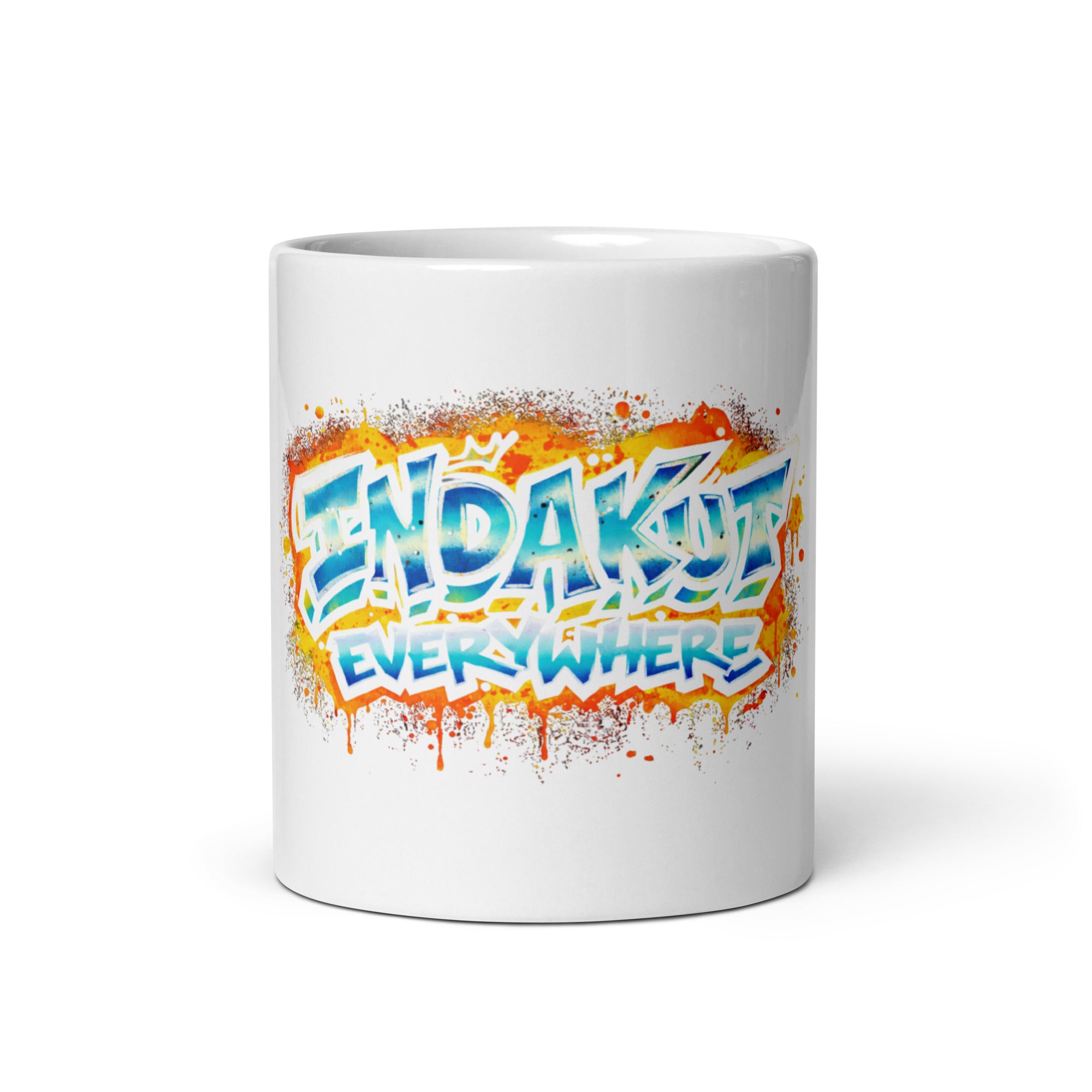 Indakut Everywhere graffiti logo coffee mug for streetwear lifestyle drinkware on desk with coffee