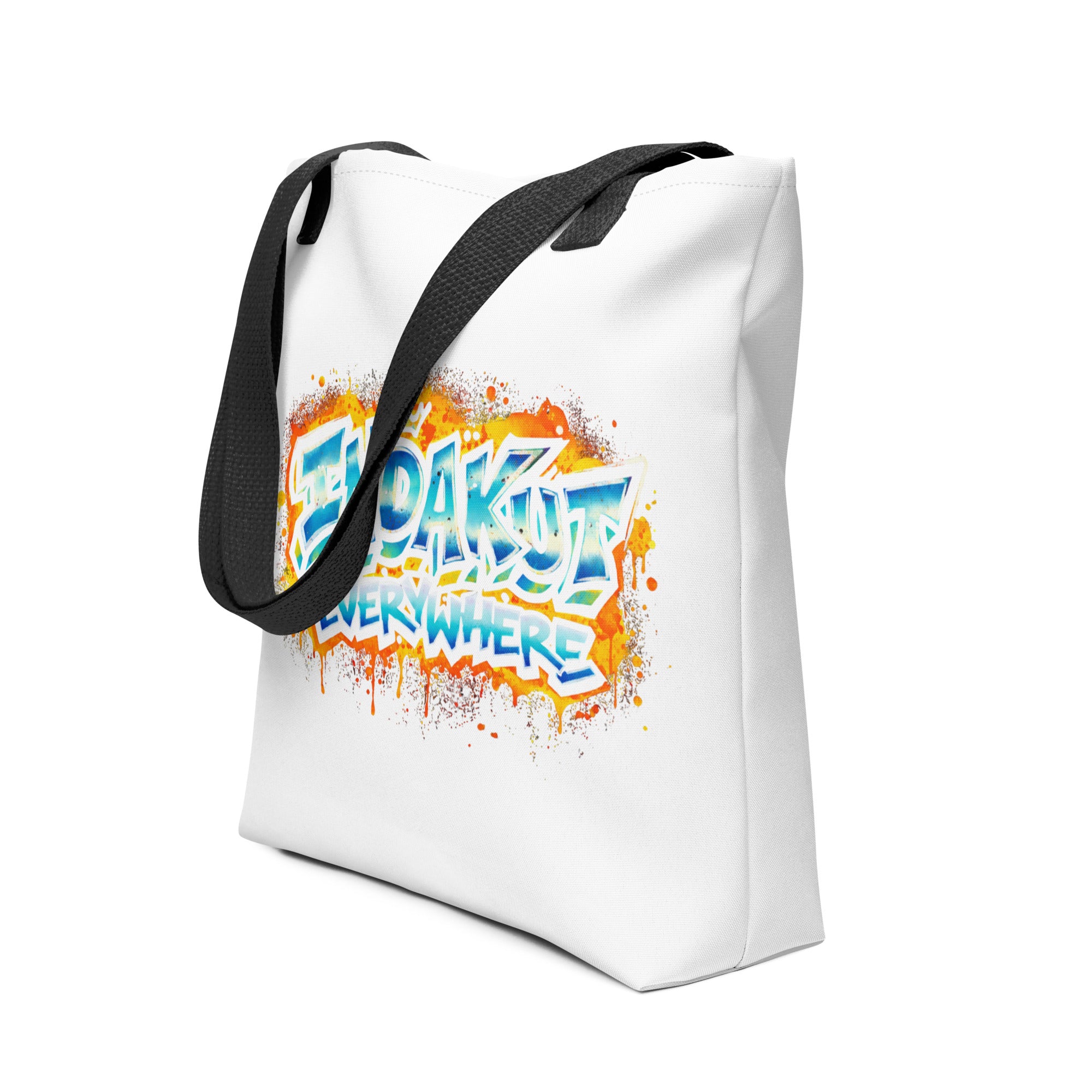 Indakut Everywhere white tote bag with black handles and graffiti logo for streetwear lifestyle