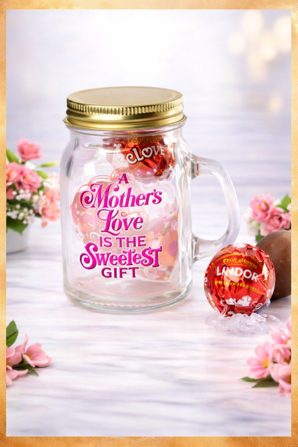 Mini mason jar Mother’s Day gift with Lindt Lindor chocolates and “a mother’s love is the sweetest gift” message