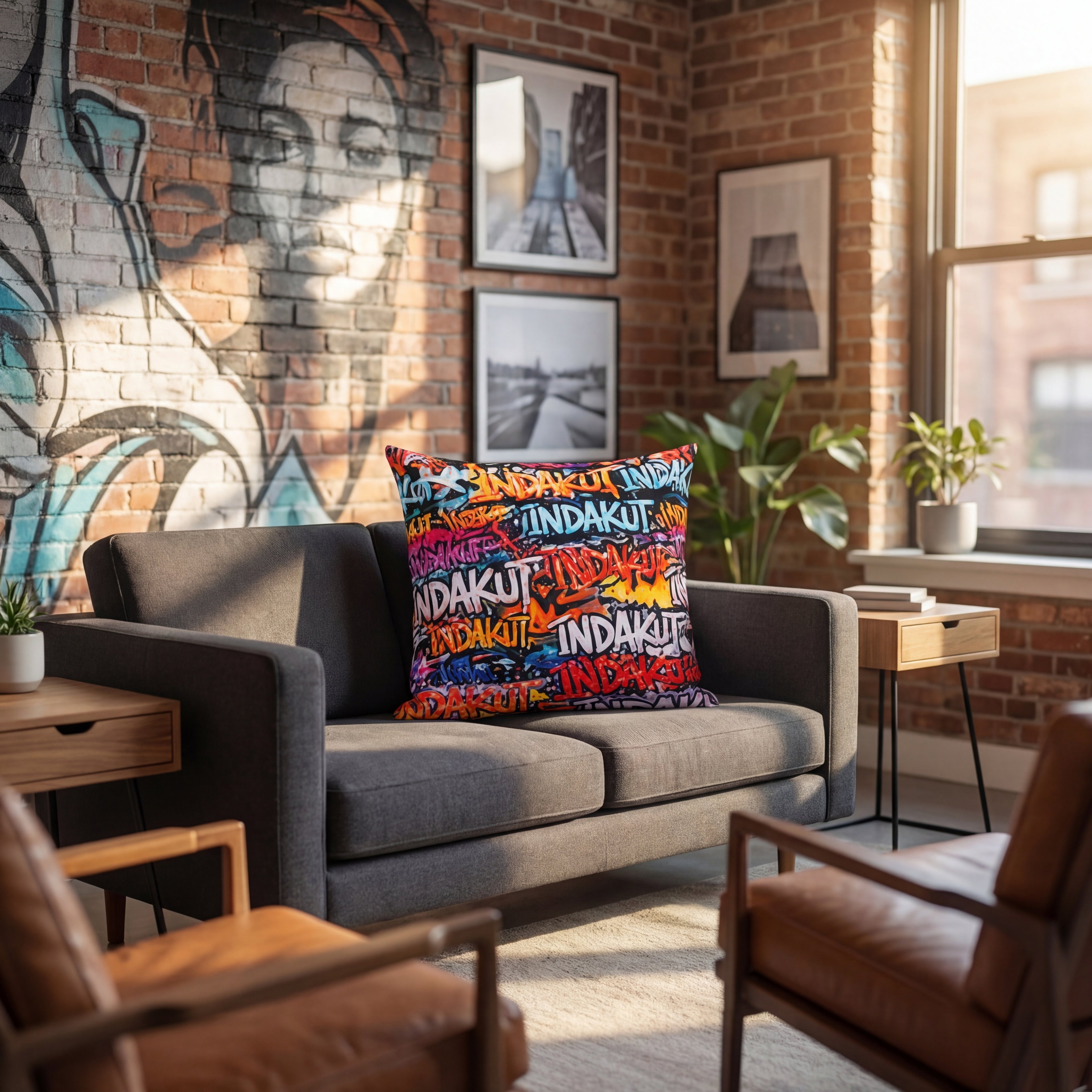 colorful graffiti print throw pillow on gray sofa in modern living room with brick wall and artwork
