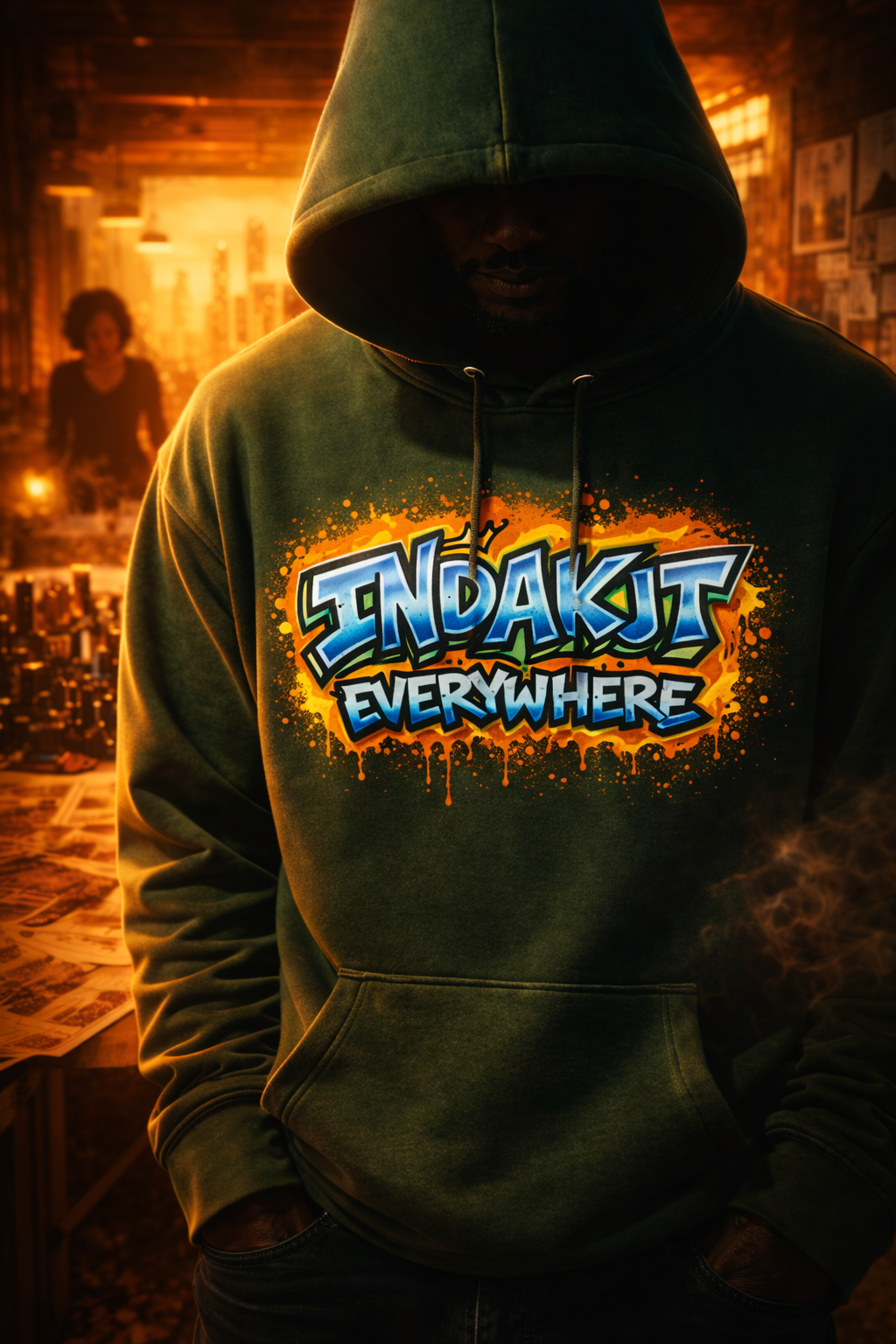 Indakut Everywhere signature hoodie with graffiti logo in dark streetwear setting with hood up