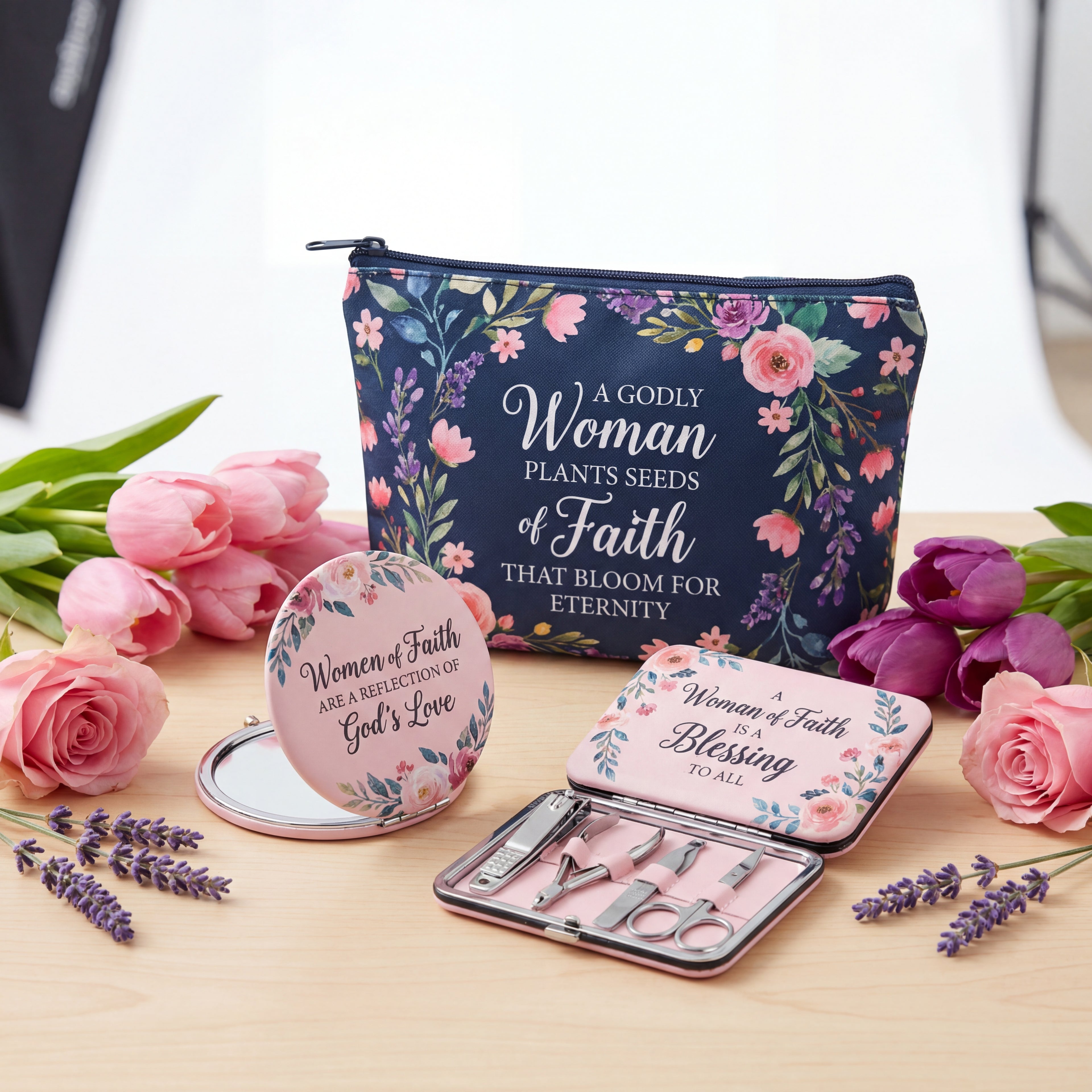3 piece Christian gift set with floral pouch mirror and manicure tools displayed on light background