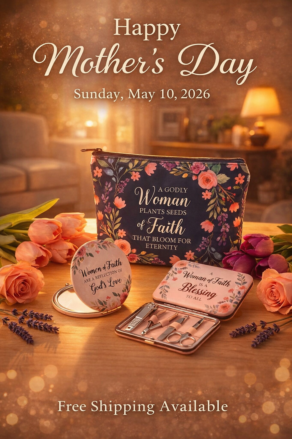 Christian Mother’s Day gift set for women with floral pouch, compact mirror, and manicure kit on wooden table with flowers