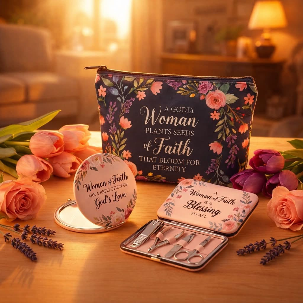 faith inspired gift set for women with floral pouch and accessories displayed with roses in cozy home setting