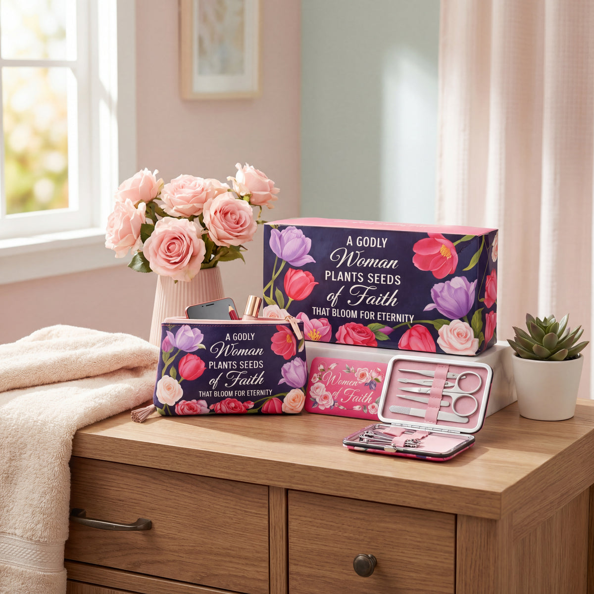 floral Christian gift set for women arranged on vanity table with flowers and faith message pouch
