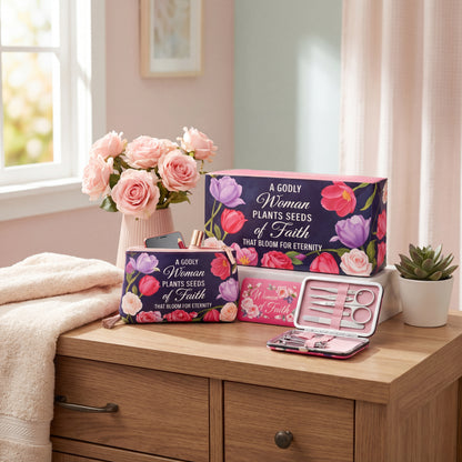 floral Christian gift set for women arranged on vanity table with flowers and faith message pouch
