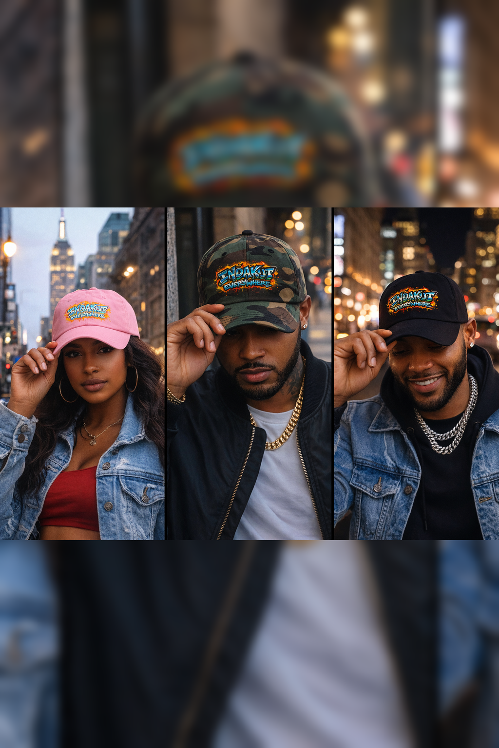 Indakut Everywhere dad hat with graffiti logo worn by models in urban streetwear setting