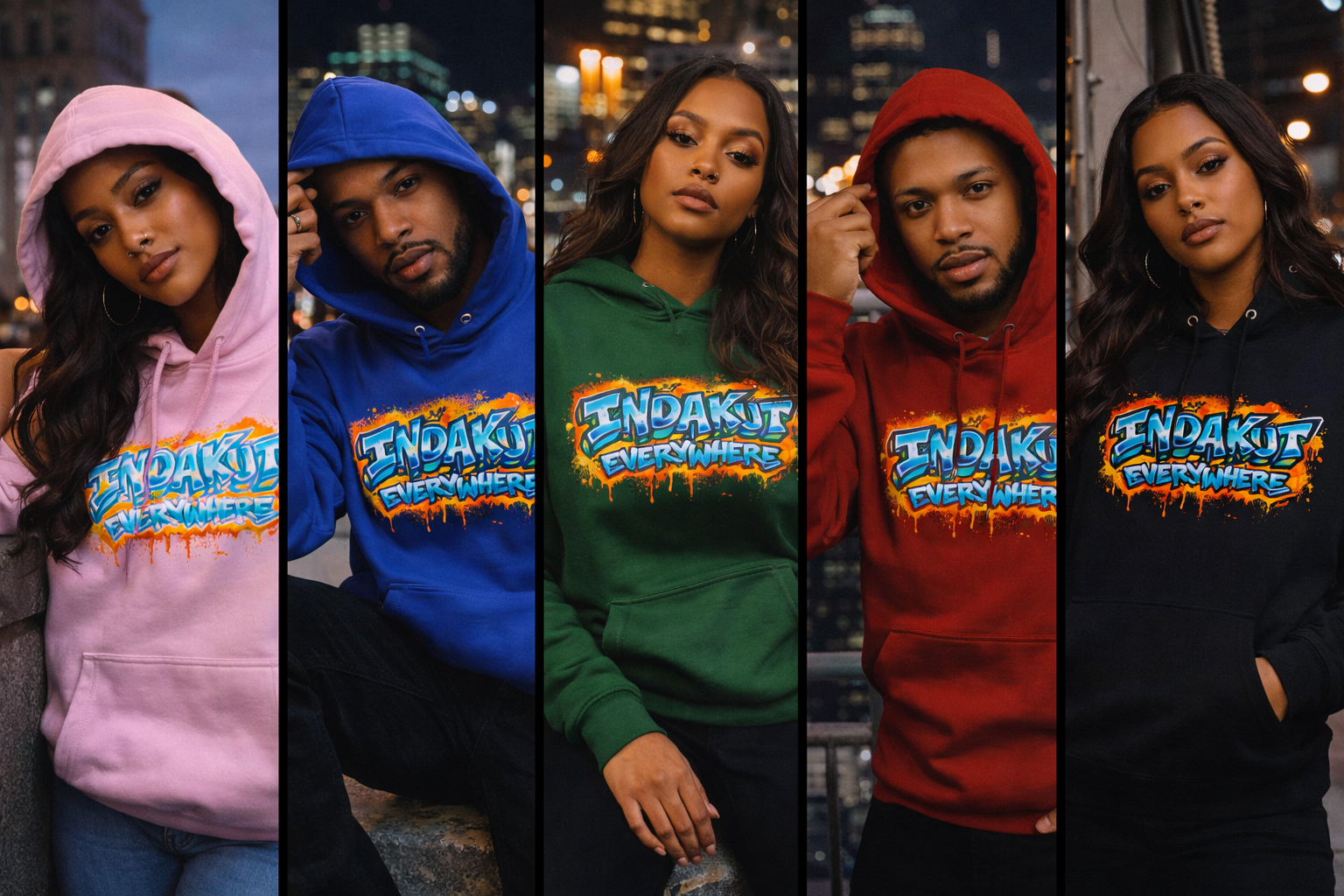 Indakut Everywhere signature hoodie collection in multiple colors with graffiti logo for streetwear
