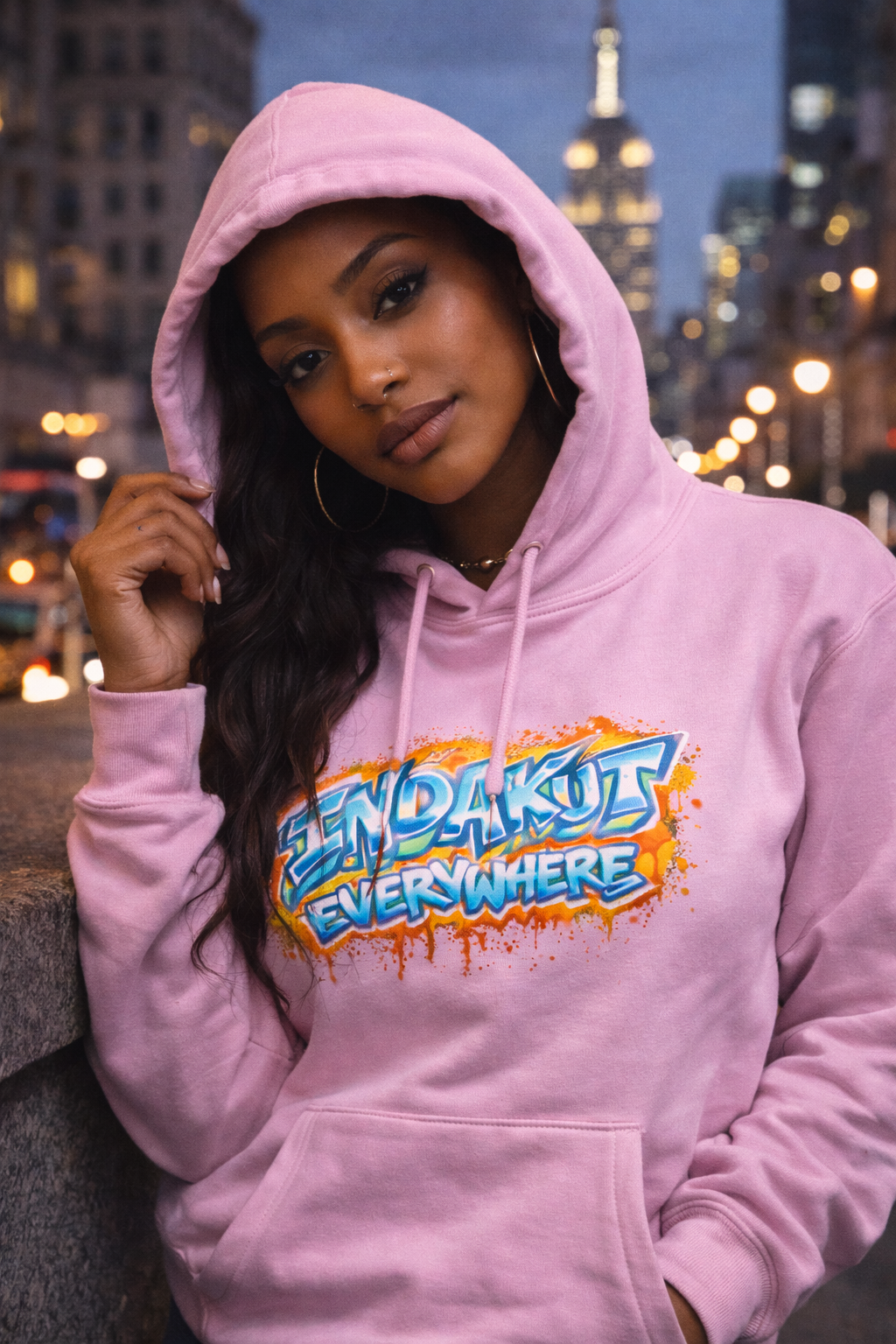 Indakut Everywhere pink hoodie with graffiti logo worn in city streetwear lifestyle setting