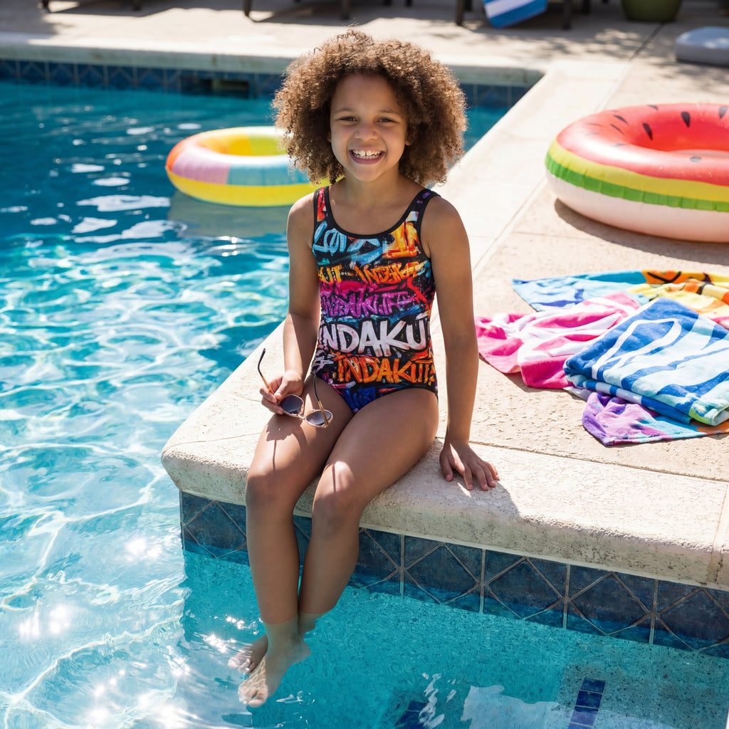 Indakut Everywhere kids swimsuit with colorful graffiti print worn poolside in summer lifestyle setting