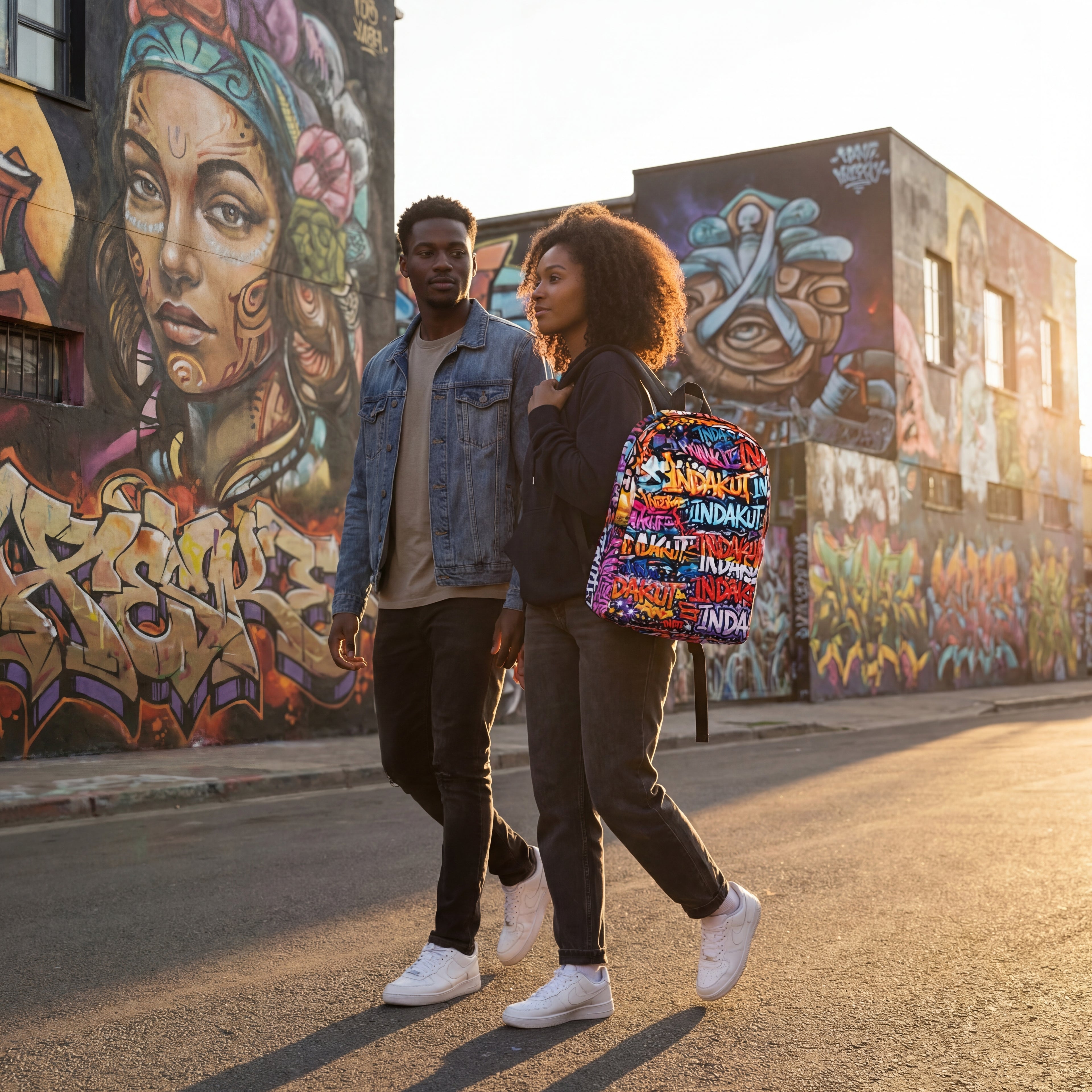man and woman walking past graffiti wall with colorful streetwear backpack featuring all-over print design