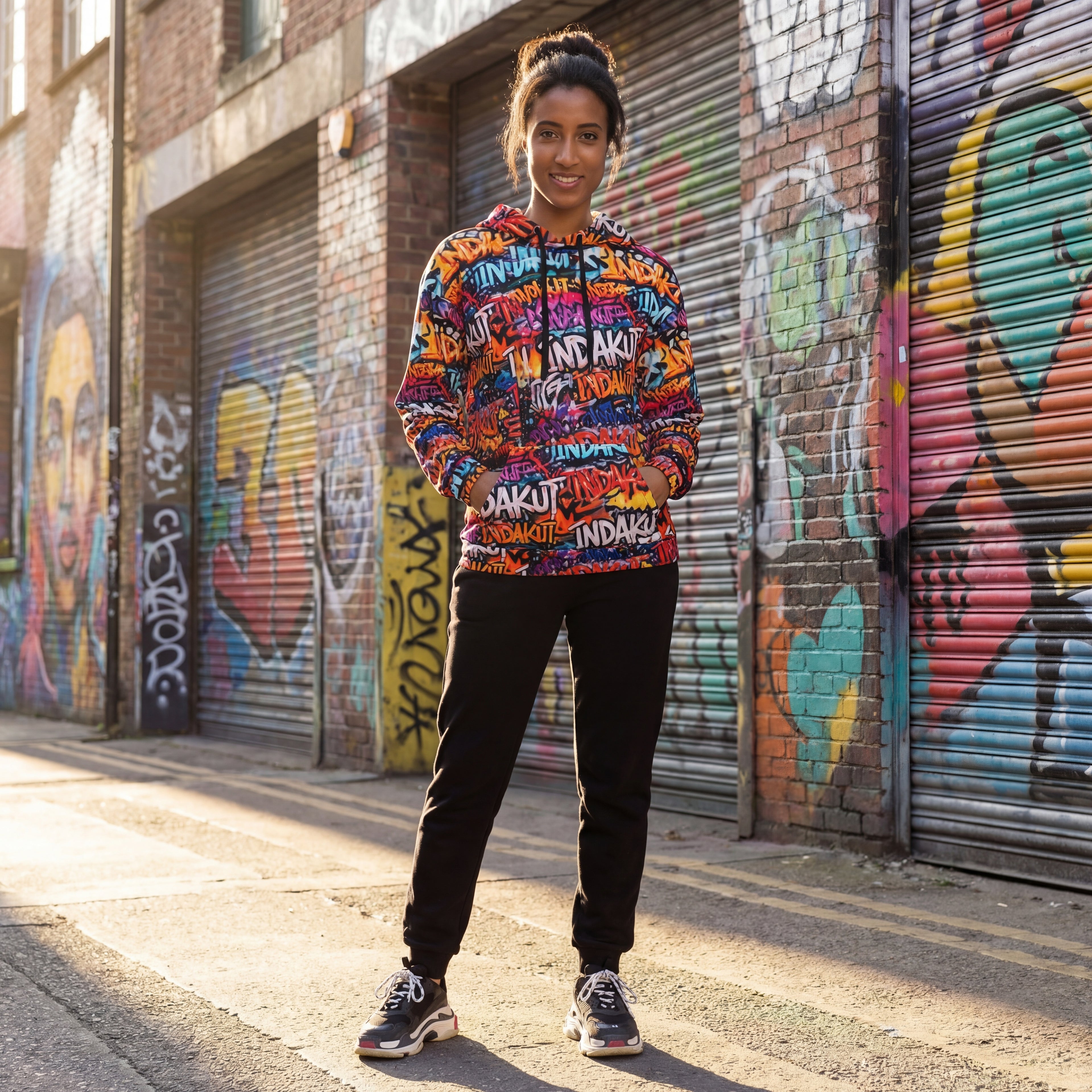 woman wearing graffiti print hoodie standing on city street with graffiti walls and urban style outfit