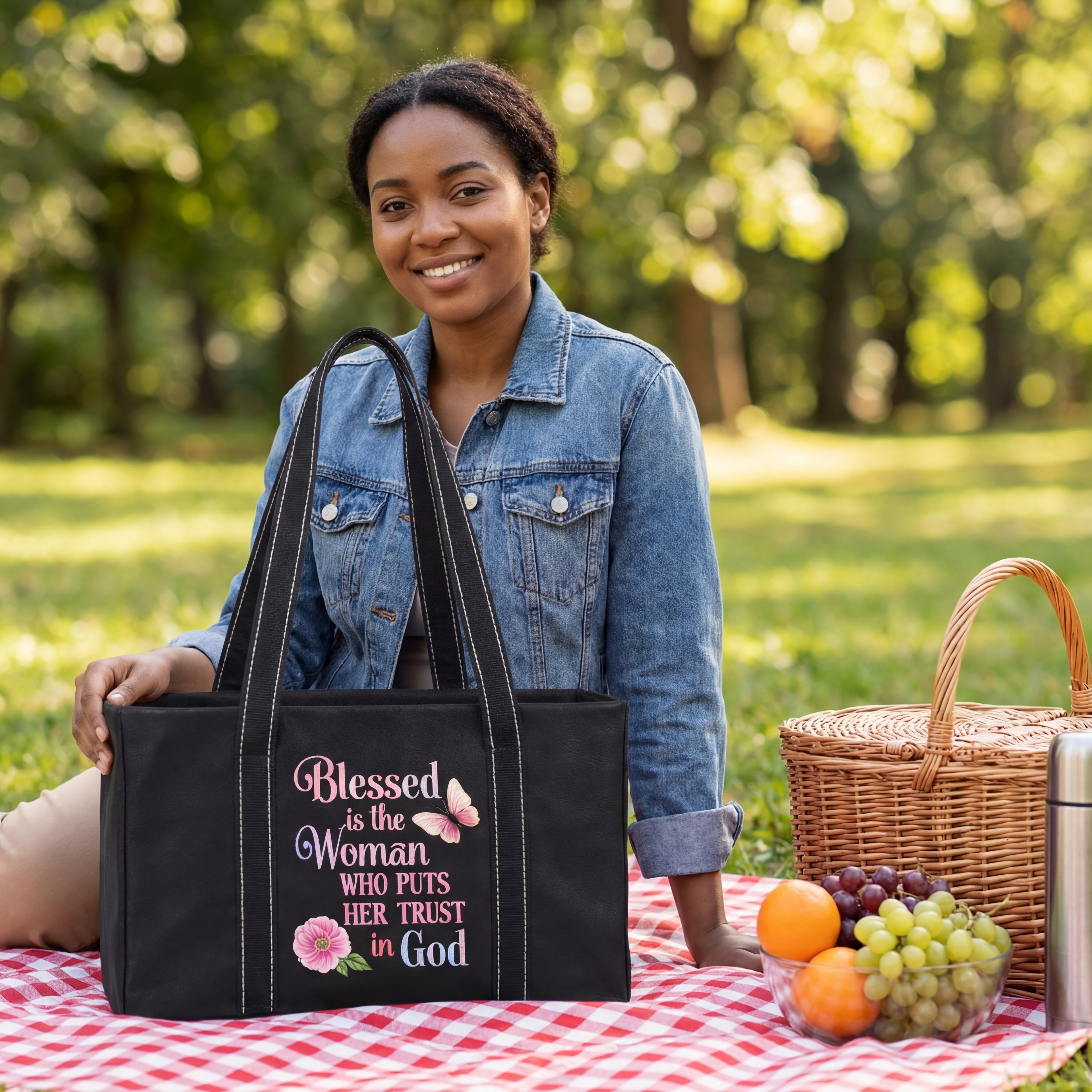 woman holding Christian tote bag at picnic with faith message Blessed is the woman who trusts in God