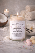 affirmation candle for women i am healthy wealthy grateful blessed coconut vanilla scented candle in glass jar with spa setting