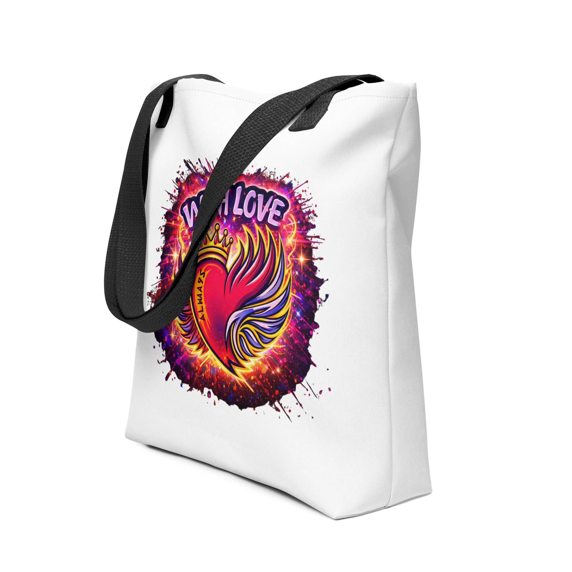 With Love Always graphic tote bag with black handles and heart design on white bag front view