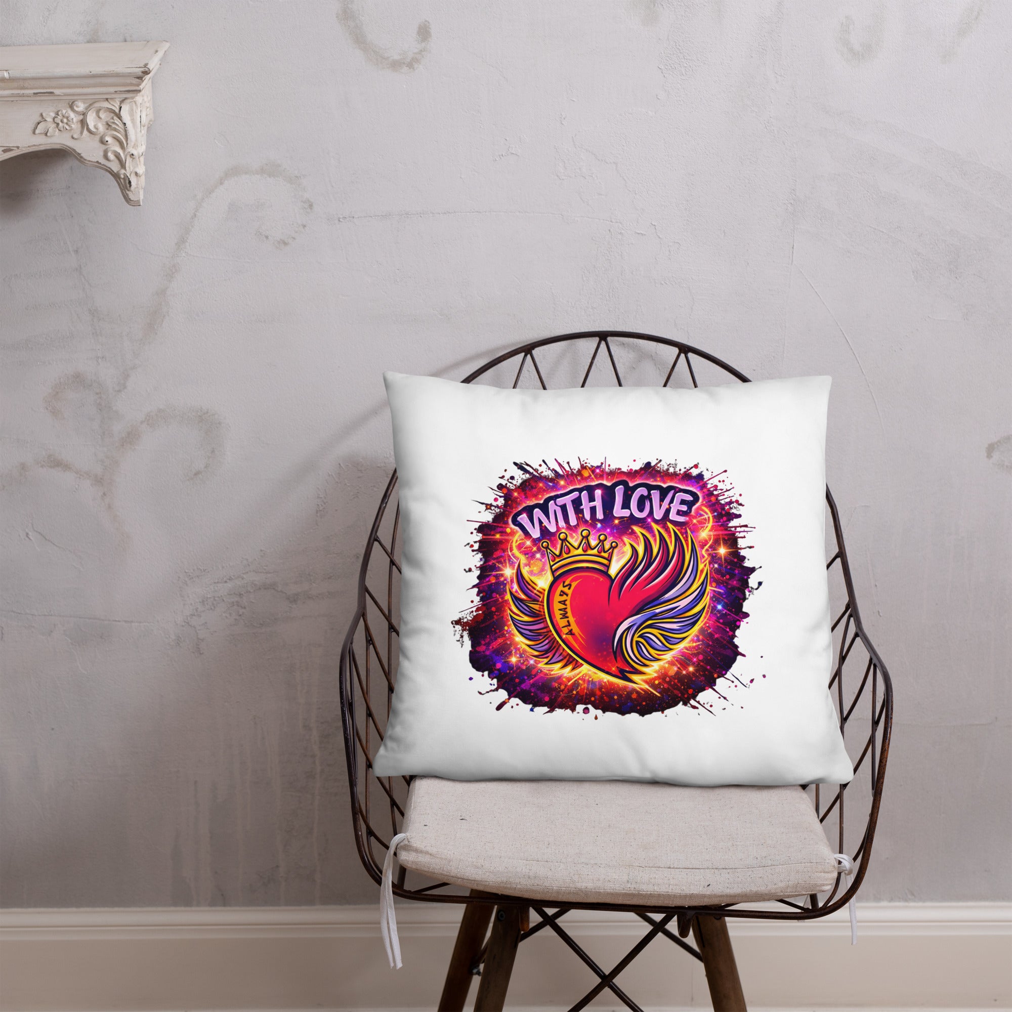 With Love Always decorative throw pillow with colorful heart design on modern chair against neutral wall