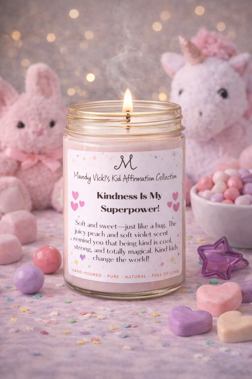 children’s affirmation candle with kindness message surrounded by pastel decor and soft glowing light