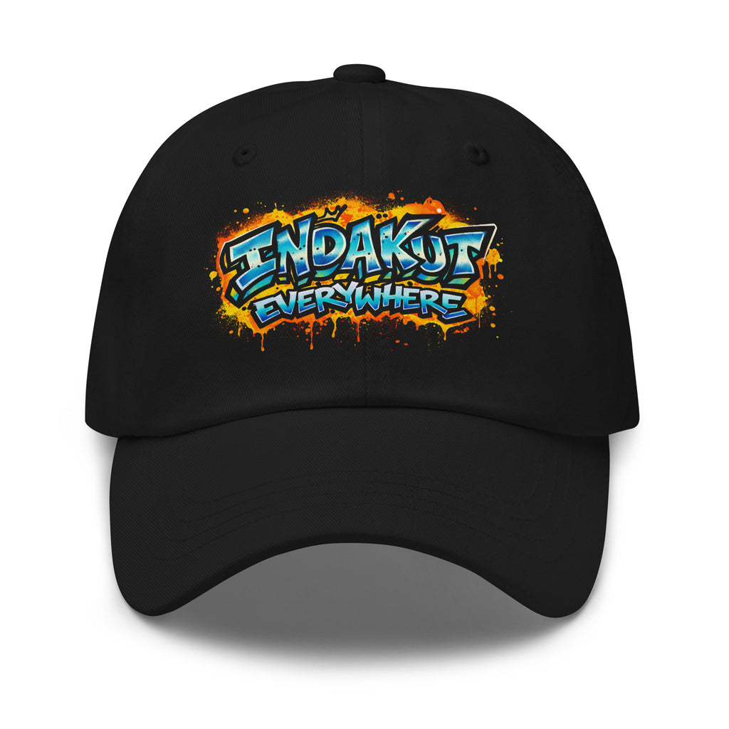 Indakut Everywhere dad hat in Black with graffiti logo for streetwear style