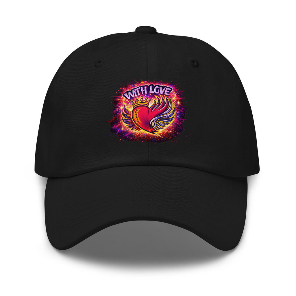With Love Always embroidered dad hat in Black with heart and wings design on plain background