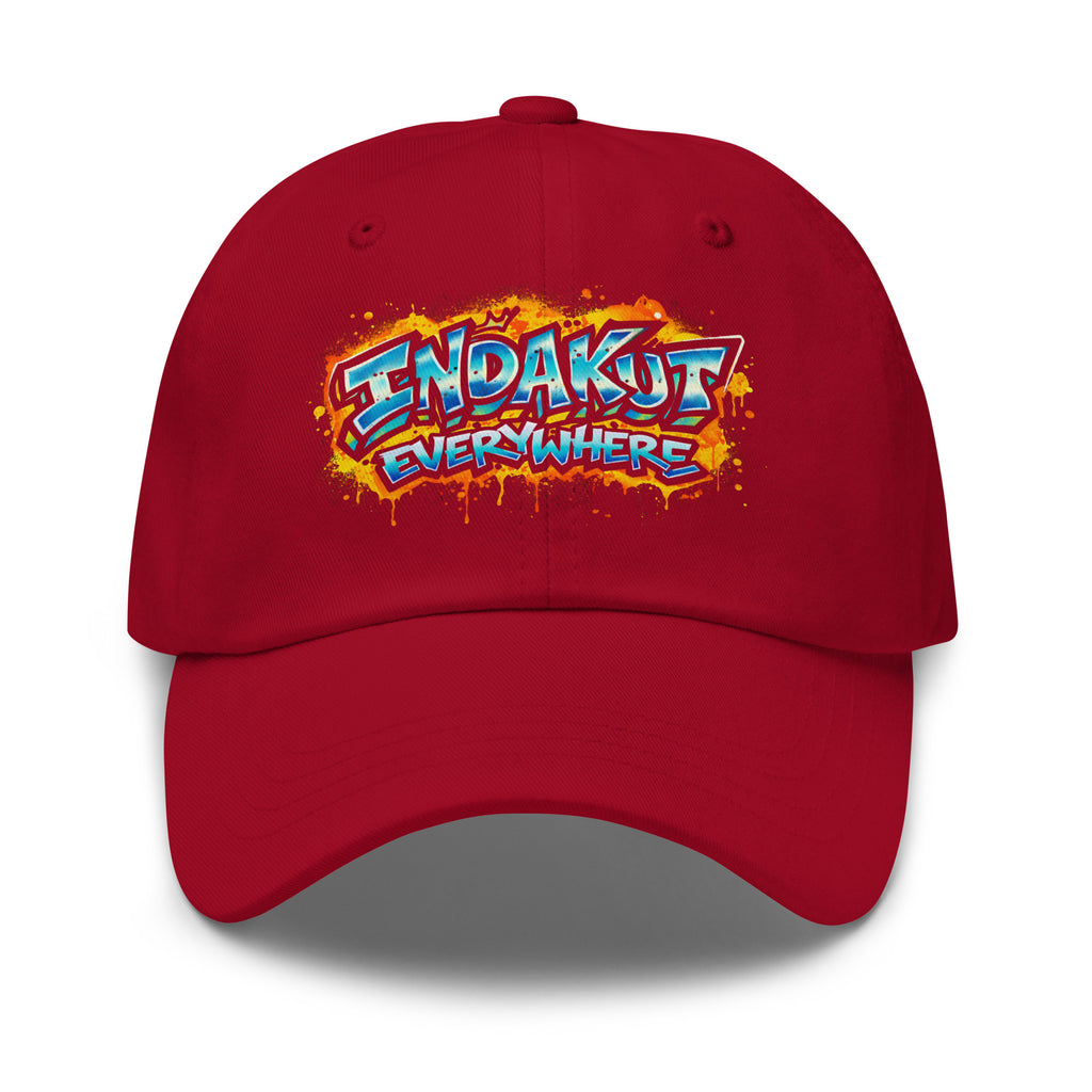 Indakut Everywhere dad hat in Cranberry with graffiti logo for streetwear style