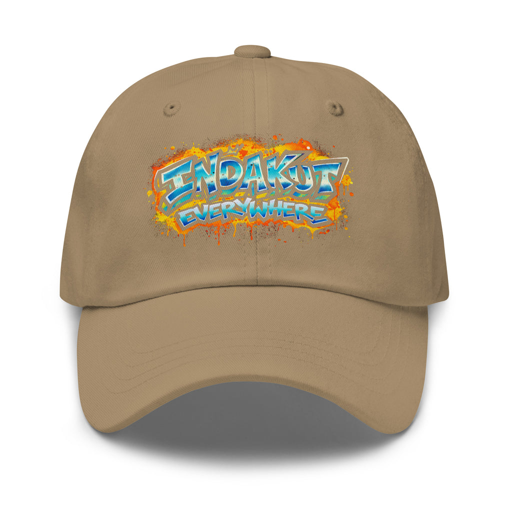 Indakut Everywhere dad hat in Khaki with graffiti logo for streetwear style