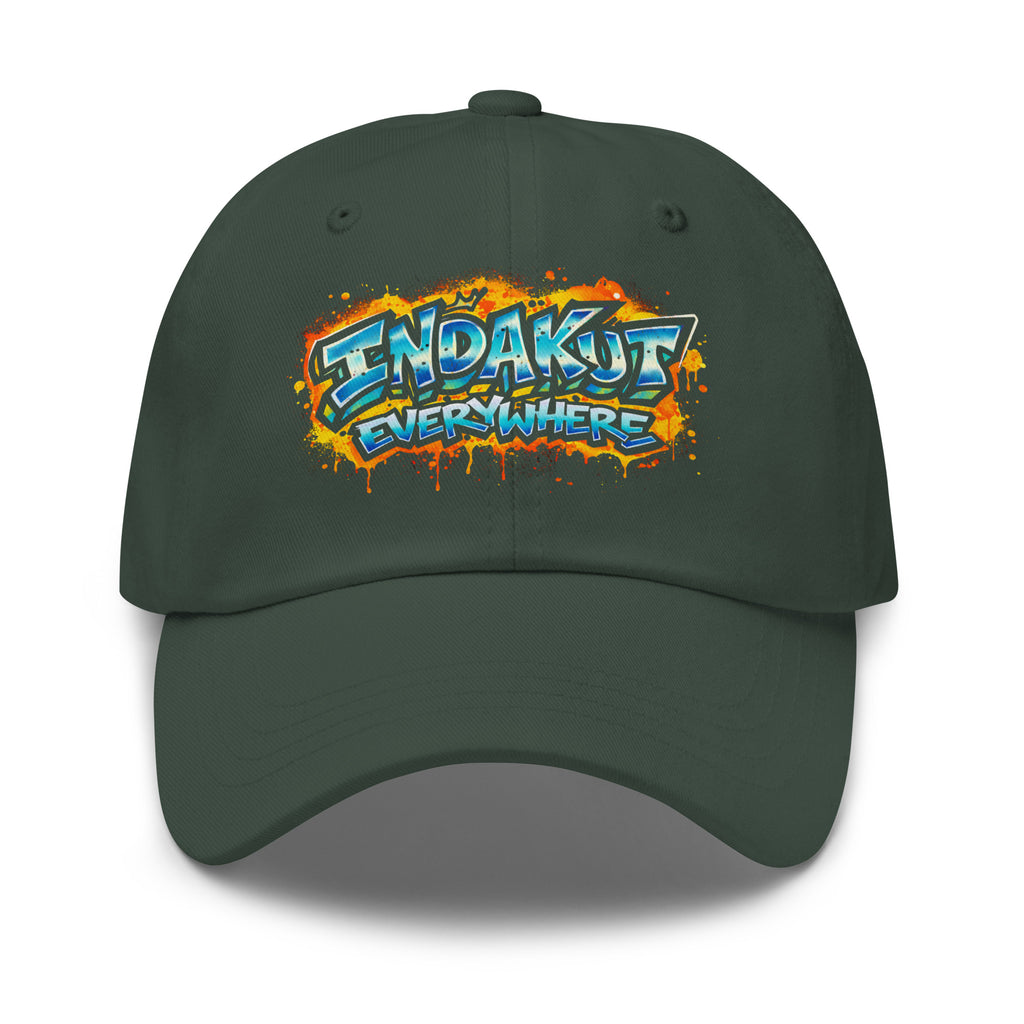 Indakut Everywhere dad hat in Multicam Black with graffiti logo for streetwear style