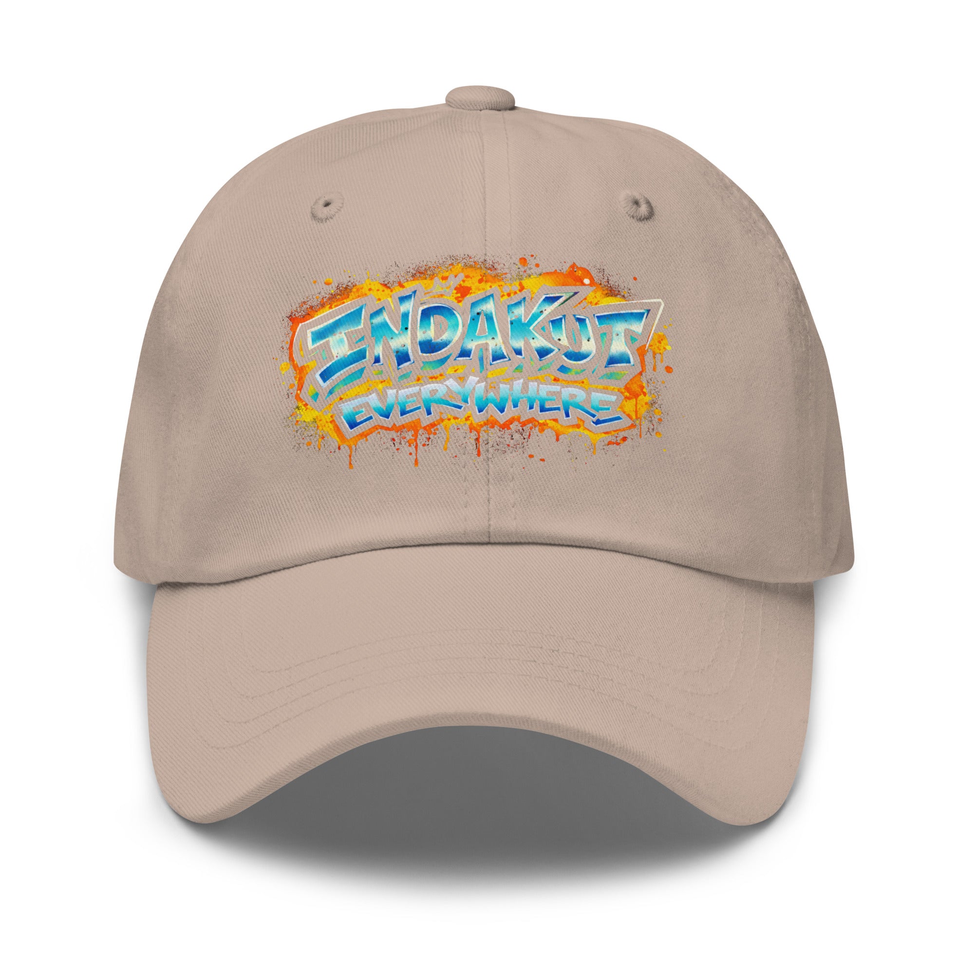 Indakut Everywhere dad hat in Stone with graffiti logo for streetwear style