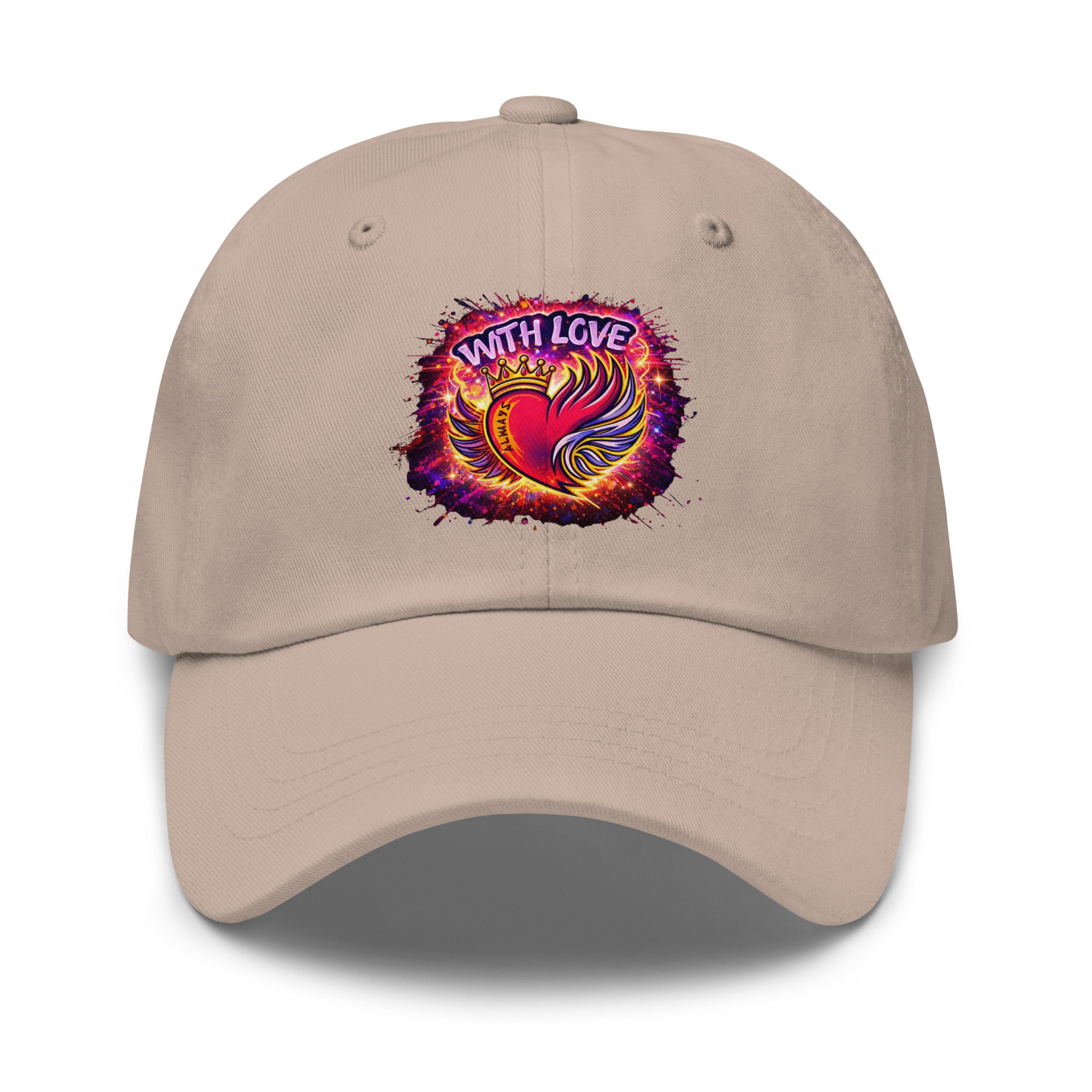 With Love Always embroidered dad hat in Stone with heart and wings design on plain background