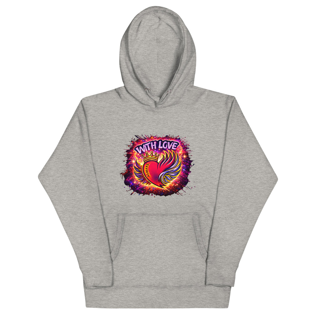 With Love Always graphic hoodie in Carbon Grey with heart and wings design on plain background