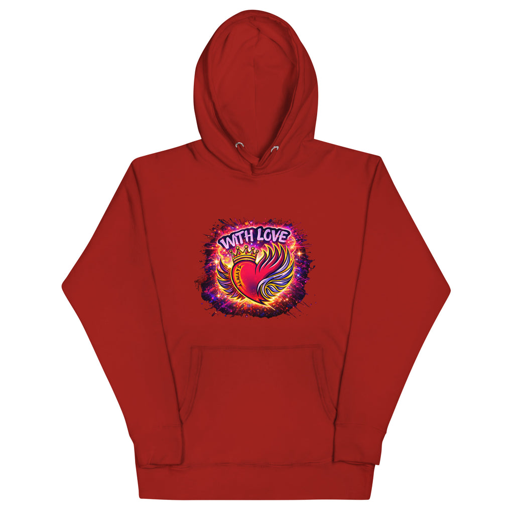 With Love Always graphic hoodie in Cardinal with heart and wings design on plain background