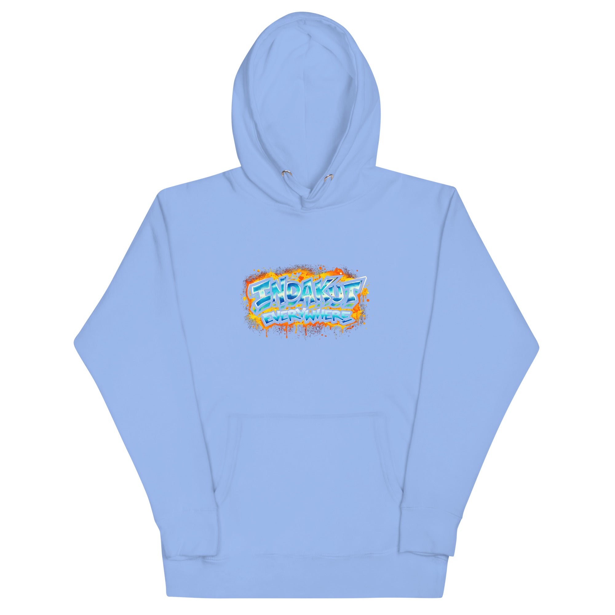 Indakut Everywhere signature hoodie in Carolina Blue with graffiti logo for streetwear style